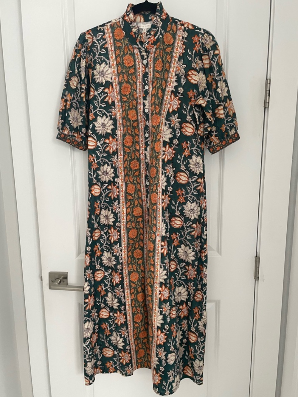 Anna Cate Green Floral Blockprint Midi Shirt Dress Vacation Cotton.    G48